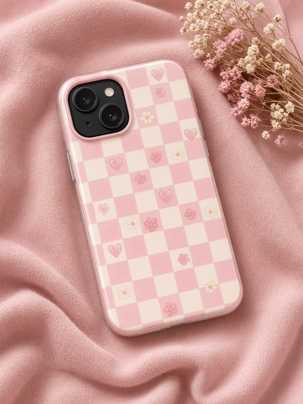 Custom case with a pink checkerboard and daisy pattern